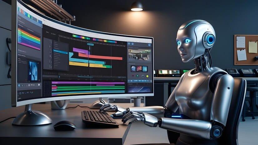robots sitting with computer editting video creator studio