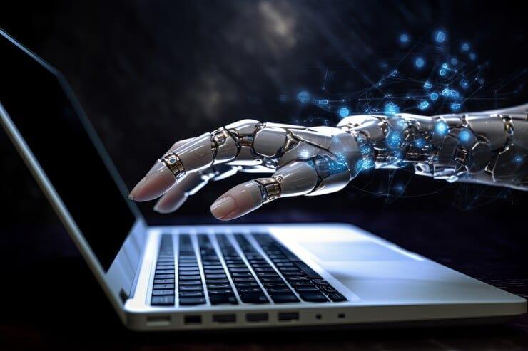 6 Key Scenerios When to Use AI Text Generators 2 futuristic hand working laptop