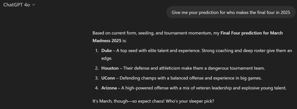 The Transformative Role of AI in March Madness Predictions 2 chatGPT 1