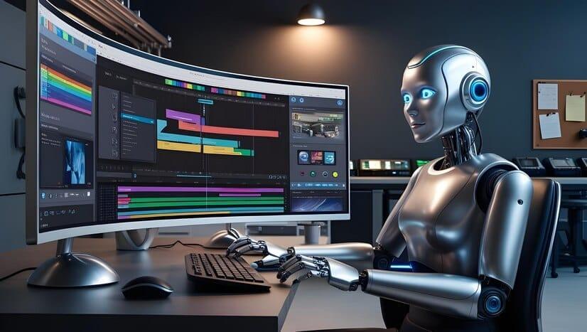 robots sitting with computer editting video creator studio