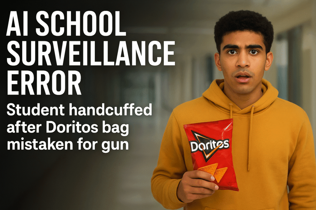 Read more about the article AI School Surveillance Error: Maryland Student Handcuffed After Doritos Bag Mistaken for Gun