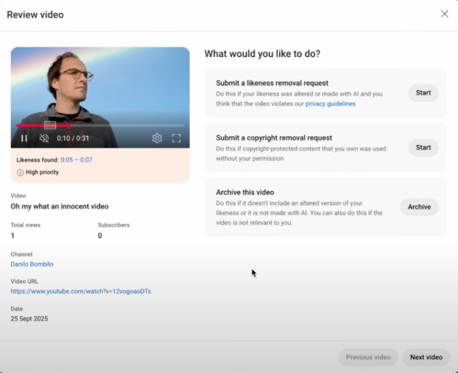 YouTube likeness detection